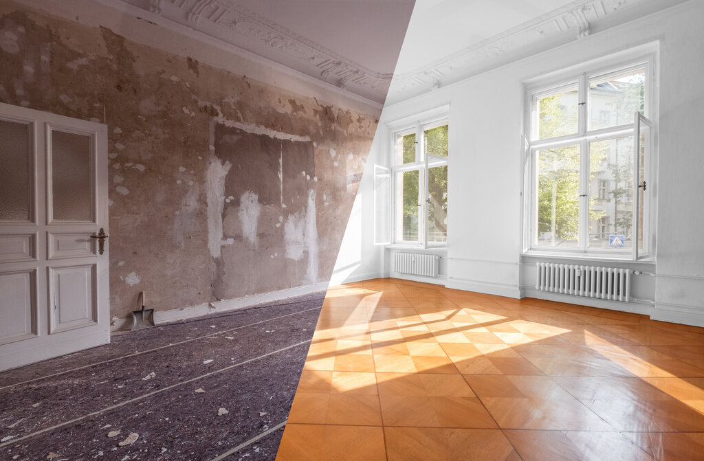 room before and after restoration or refurbishment - renovation concept -