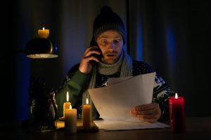 shocked man in candle light looking at high bills for electricity, gas heating in cold dark room at home. energy crisis and inflation concept