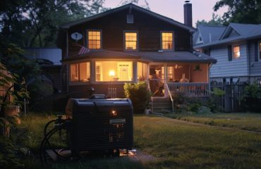 Gasoline generator providing electricity to a suburban house during a nighttime power outage. the scene shows a lit up home with a family comfortably inside, the practical use of the generator amidst dark surroundings.