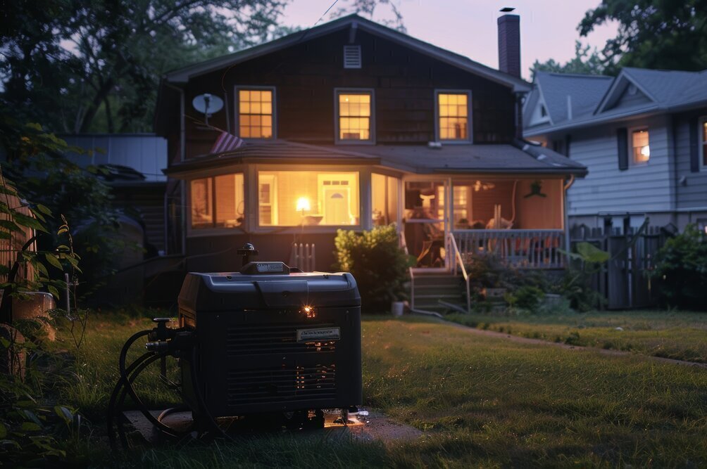 Gasoline generator providing electricity to a suburban house during a nighttime power outage. the scene shows a lit up home with a family comfortably inside, the practical use of the generator amidst dark surroundings.