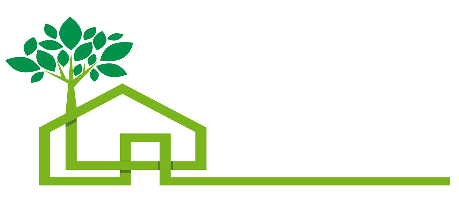 House in linear form with a tree instead of a chimney, made with a green stripe. Concept of an eco-friendly home and Energy Audit ROI