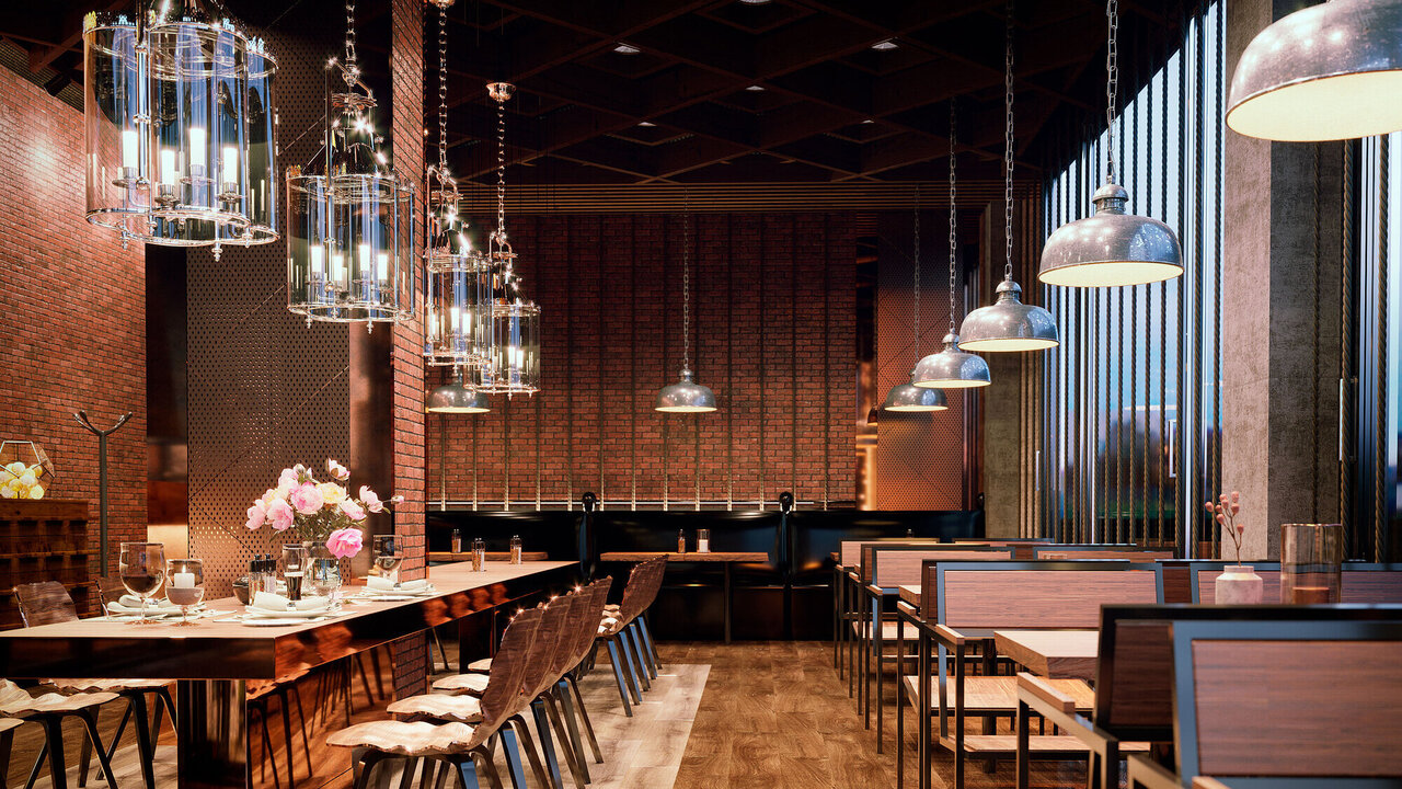 3d render of a restaurant interior with beautiful lighting