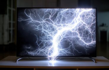 A flat screen television shows a graphic of lightning striking. The image is dark and moody, with white lightning bolts on a black background. The television is positioned on a white wooden entertainment center in a dimly lit room.